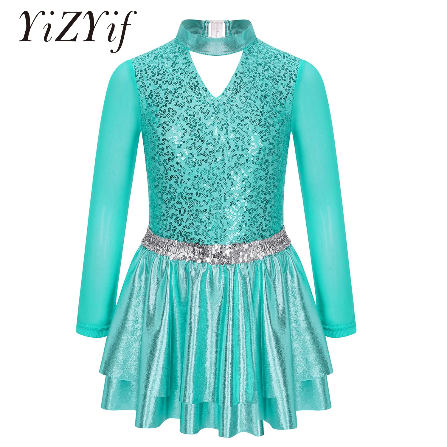 Kids Girls Figure Ice Skating Dress Long Sleeve Hollow Shiny Sequin Leotard Dress Ballet Dance Costume Jazz Modern Dancewear