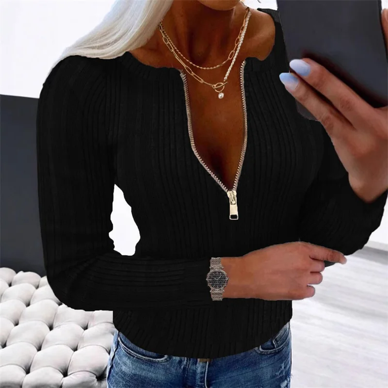 Damen-T-Shirt mit Reißverschluss, V-Ne, Herbst-Winter, schmale Passform, lässig, lang, S Sve-Top, Damen, Faion, Basic, Farbe irt