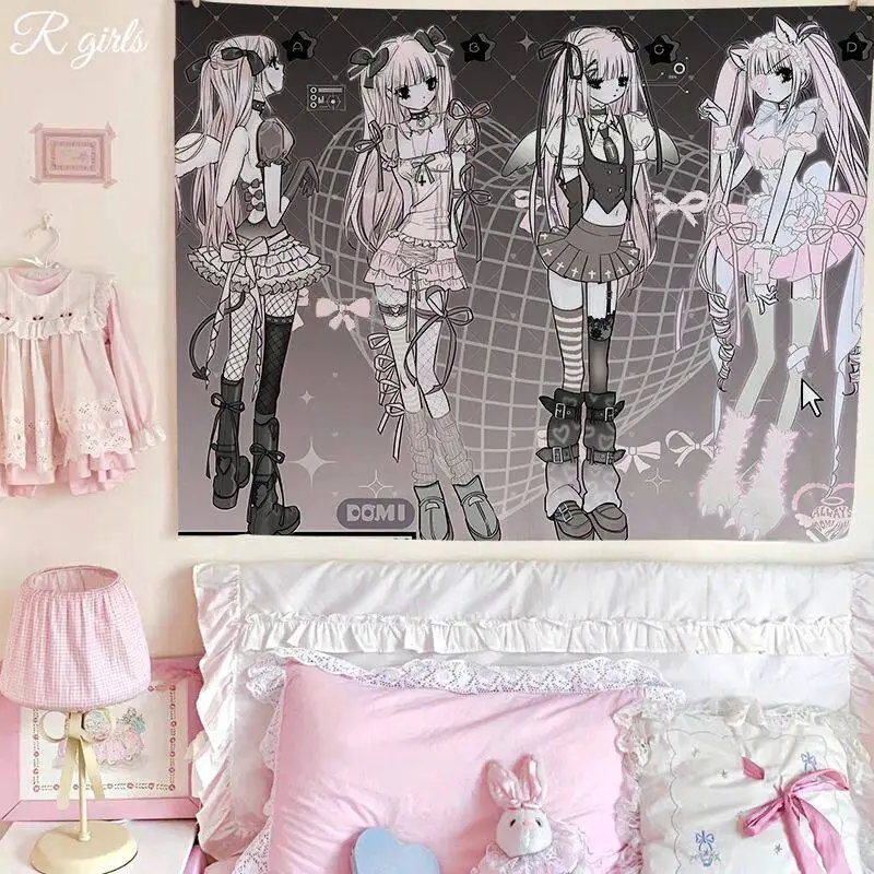 ins Girl Tapestry, Pink Lolita Harajuku Cartoon Wall Hanging, Kawaii Gothic Angel Maid Character Wall Decor for Teen Girl Bedroo