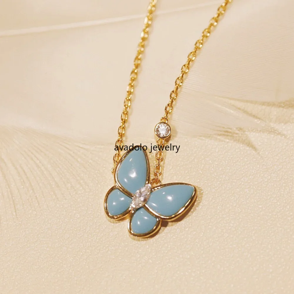 Luxury Brand 18K Gold Plating Glossy Earrings Natural Turquoise Butterfly Pendant Rings Necklace Set for Women Designer Jewelry