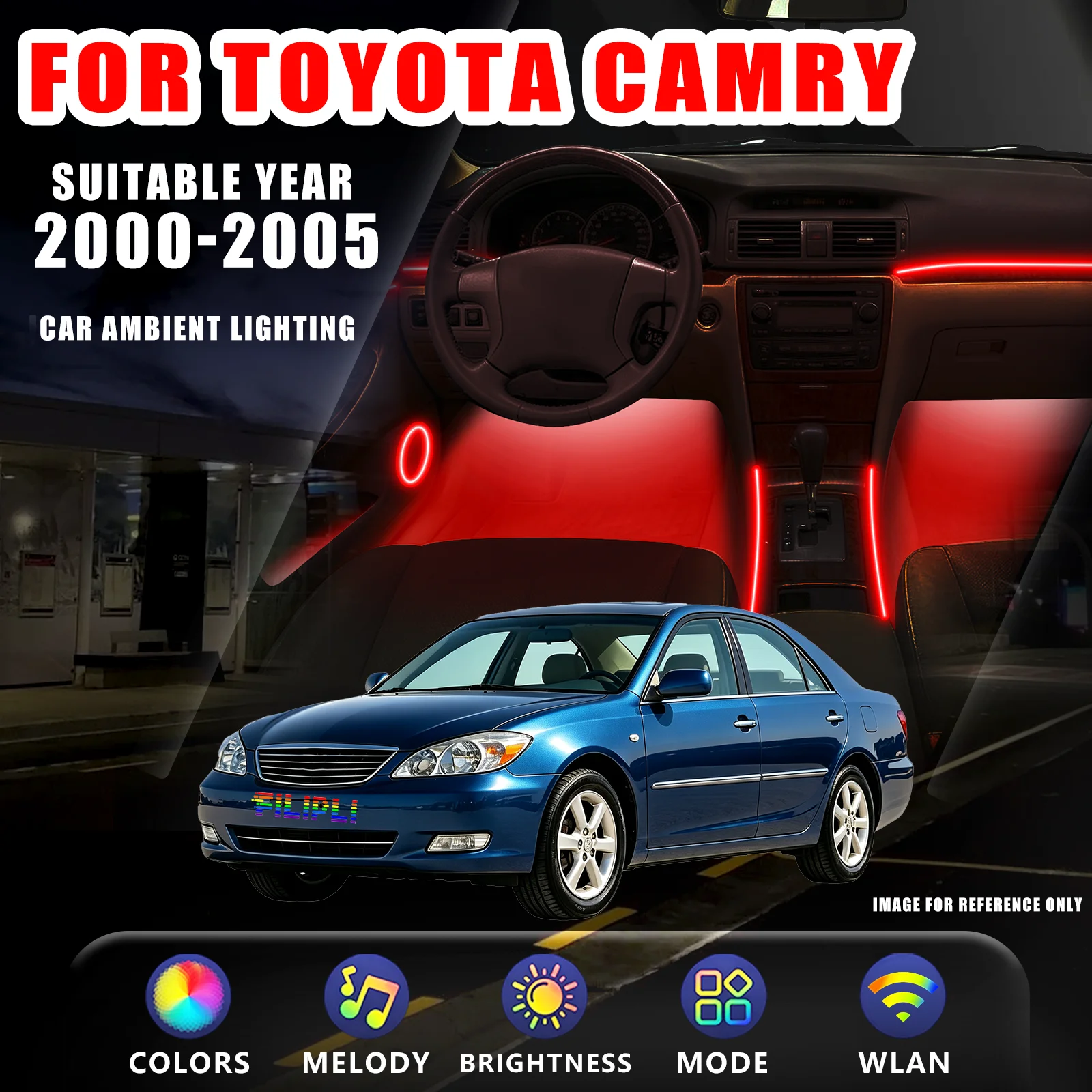 FOR TOYOTA Camry 2000‑2005 YEAR RGB 6 Lights car ambient light kit stepless dimming multi preset lighting mode car footwell lights interior automotive modification replacement accessory