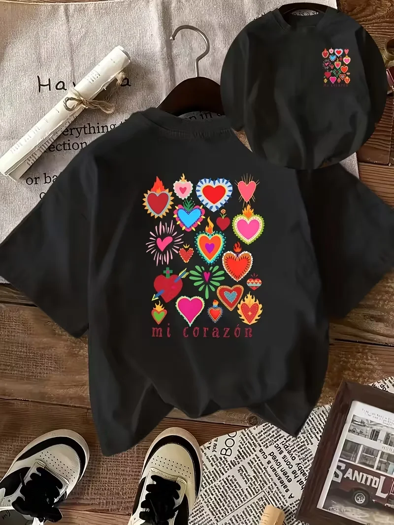Mi Corazón Mexican Heart Print T-Shirt for Women, Front & Back Design, Casual Crew Neck Short Sleeve, Boho Love Statement Tee