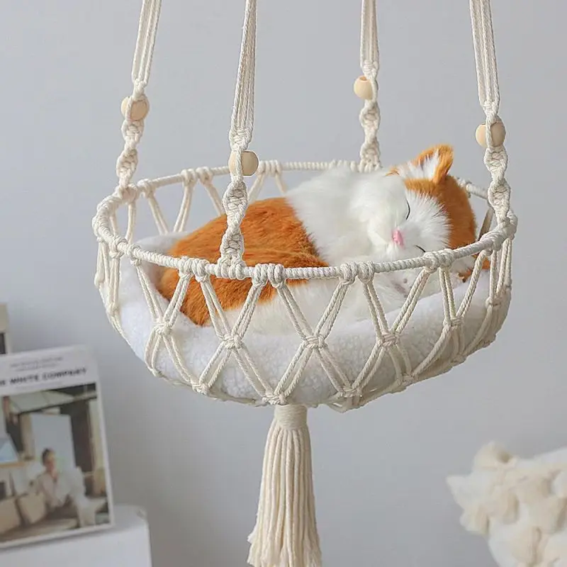 

1PCS Handwoven Cotton Cat Hammock Bed with Iron Frame - All-Season Indoor Pet Bed forPet House Wooden Support Macrame Design