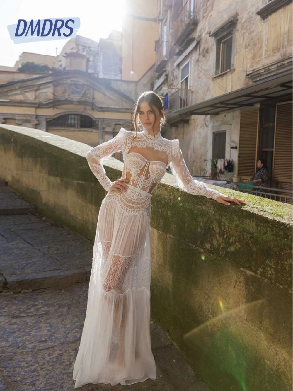 Graceful Lace High Neck Wedding Dress Romantic Illusion Sleeves Dress Bride Modern Stylish Customized Classy Women Bridal Gown