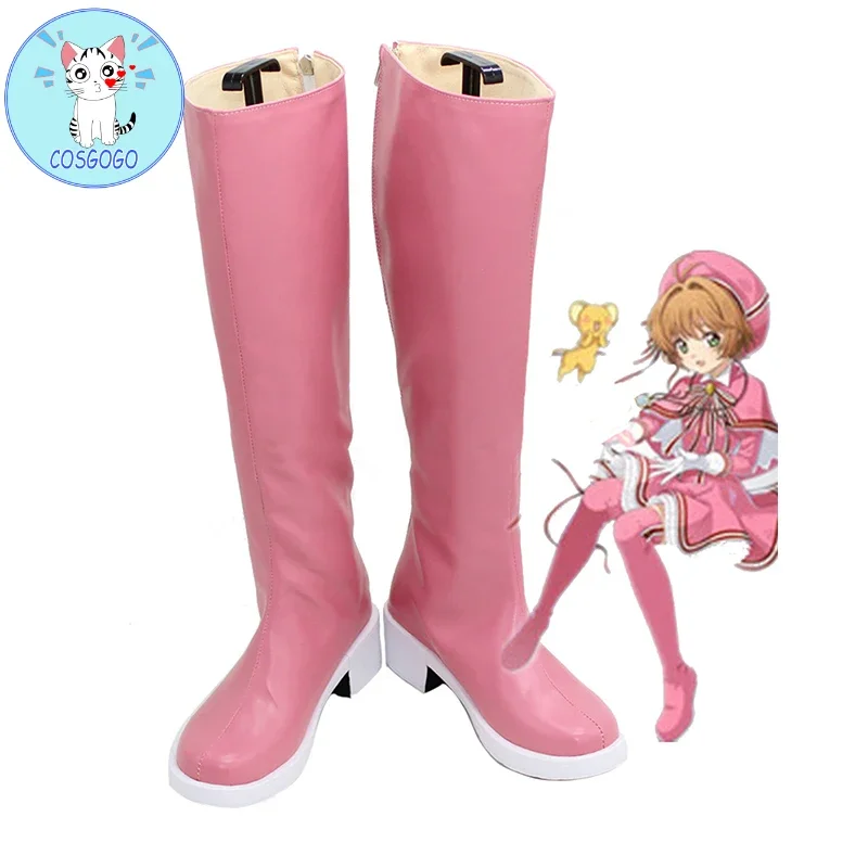 

New Cardcaptor Sakura Clear Card Cosplay Shoes Knee Length PU Leather Cosplay Boots Pink High Heels Zipper Type Size