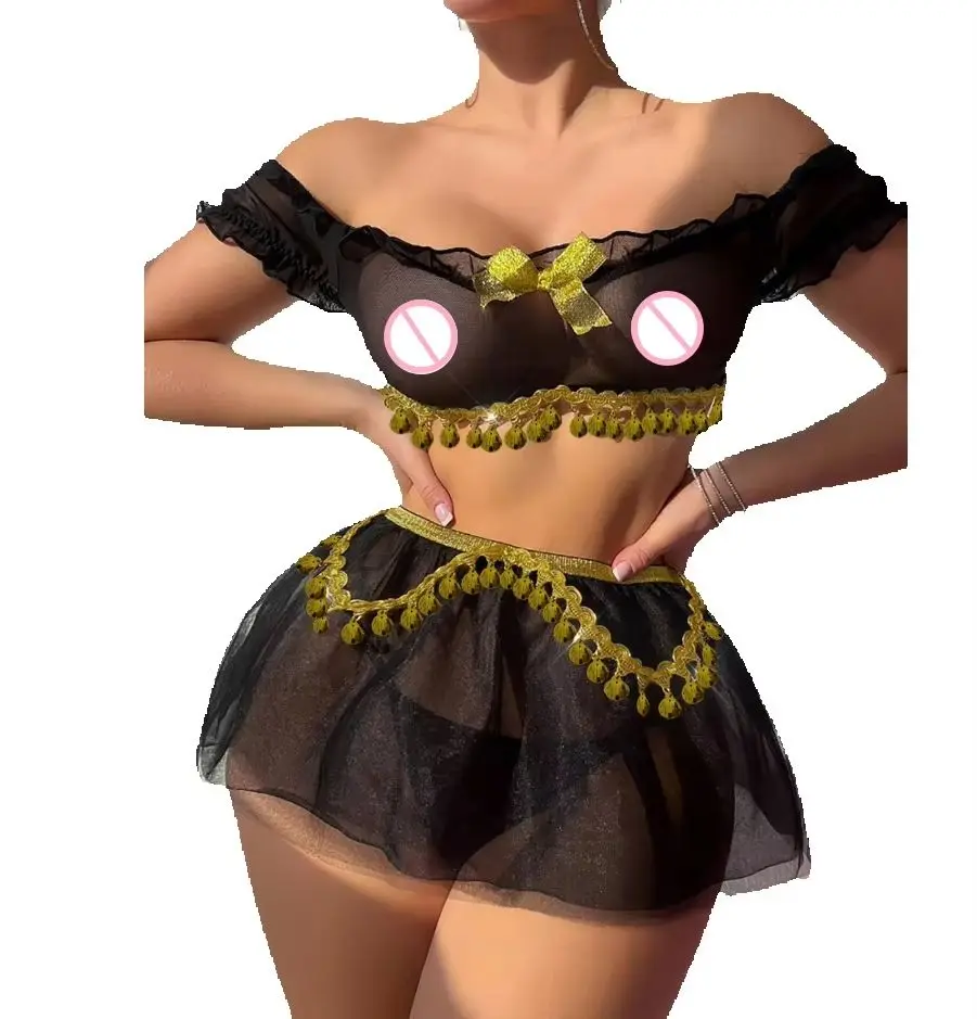 

Women Off Shoulder Ruffle Mesh Lingerie Set Gold Coin Fringe Crop Top Mini Tutu Skirt 2 Piece Halloween Costume Sleepwear