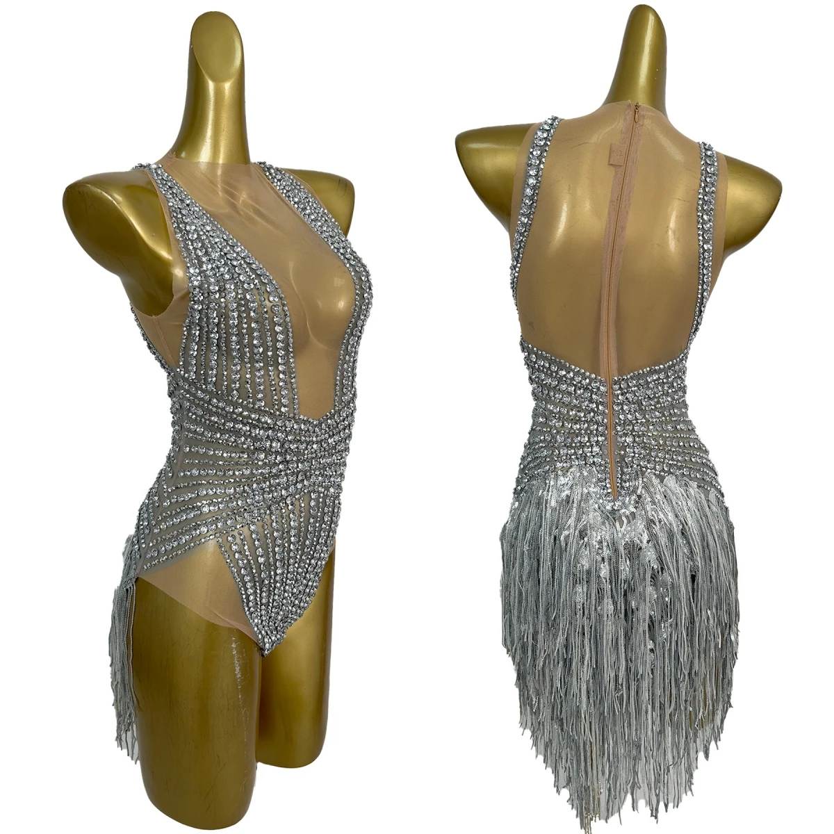 Sparkly Silver Rhinestone Tight Fitting Bodysuit Sexy Women See Through Mesh Bodycon Fringe Drag Queen Performer Bar Wear Doutun