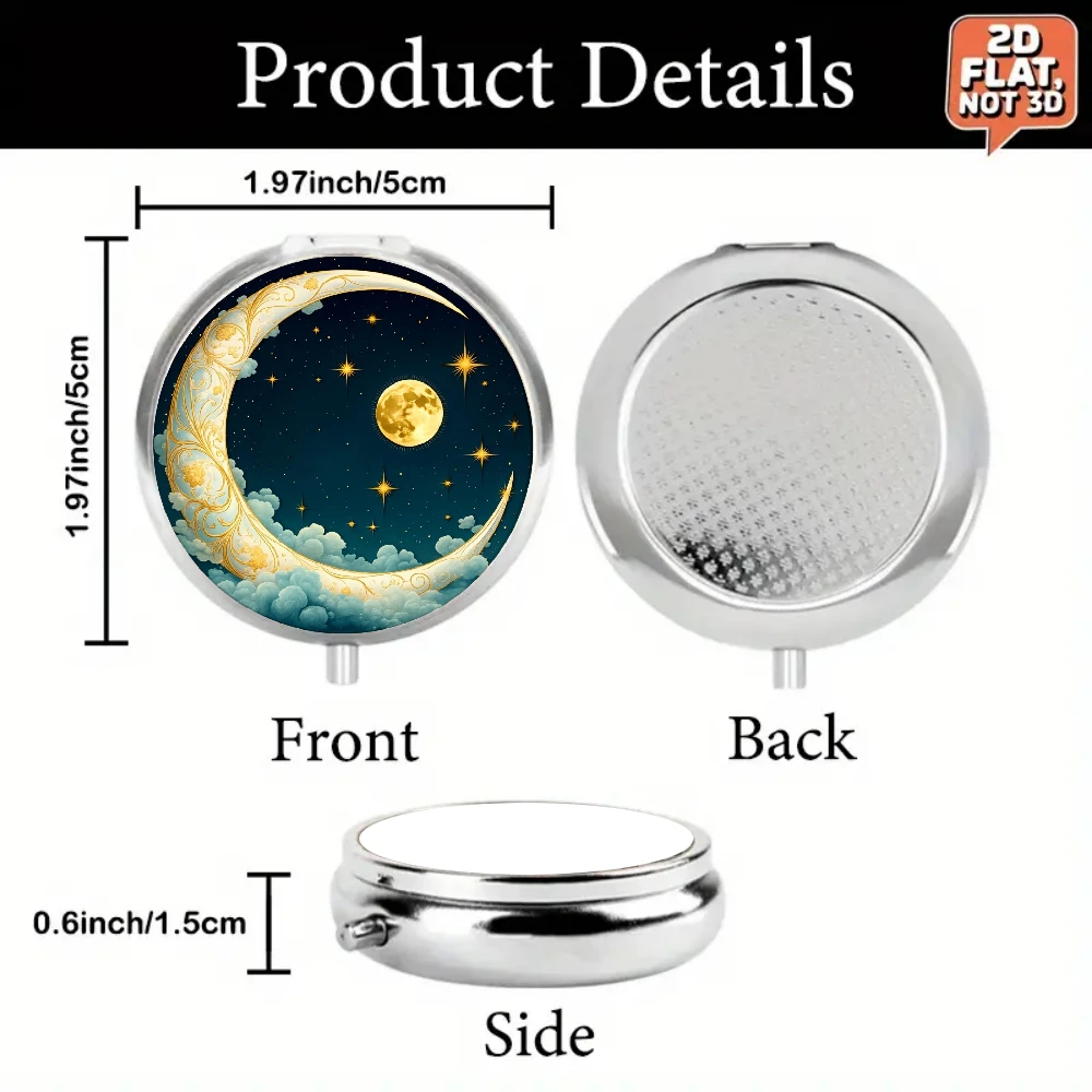1Pc Flat Pill Box with Golden Crescent Moon and Stars Pattern, Three Compartments, Portable Medicine Organizer, Food Safe, Fits Wallet or Pocket, Flat