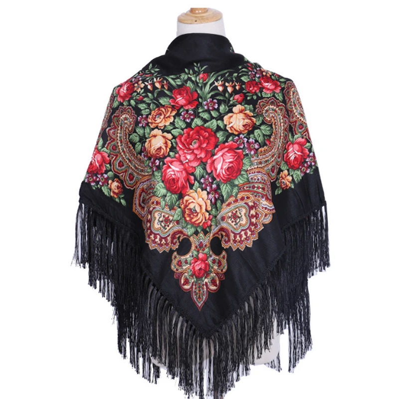 

Этнический модный шарф для женщин: ретро-стиль, туристический принт, с кисточками, носится с квадратным шарфом с принтом