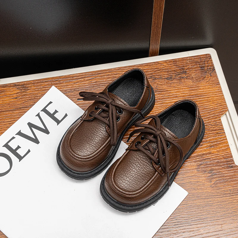 JGSHOWKITO Boys PU Leather Shoes for Wedding Party Kids Formal Flats with Lace-up Retro Vintage British Style Spring Autumn New