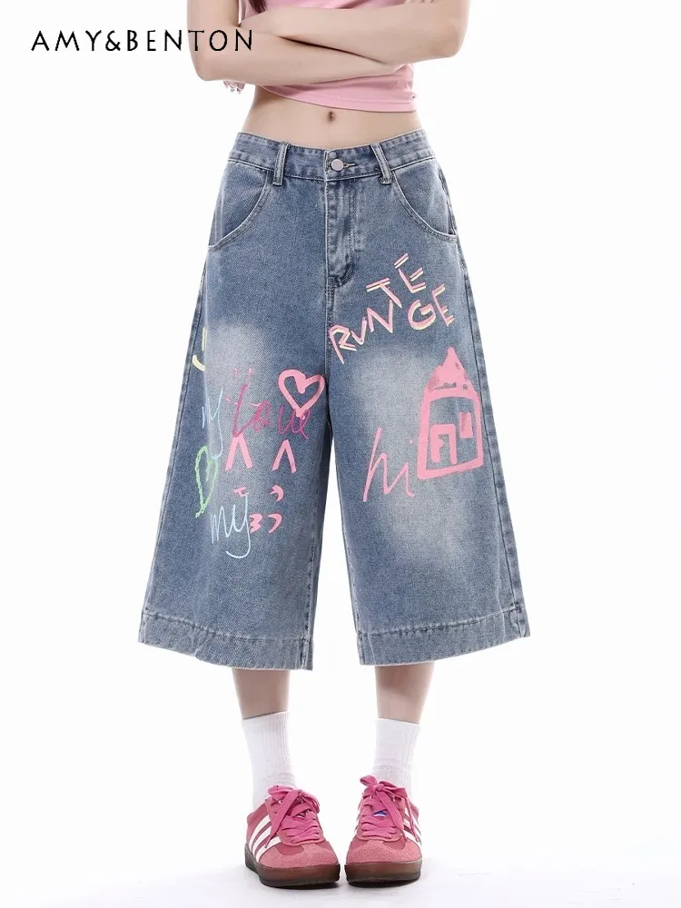 

American Retro Graffiti Printed Denim Cropped Pants Women's Summer New Loose Straight Wide-leg High Waist 7-point Shorts