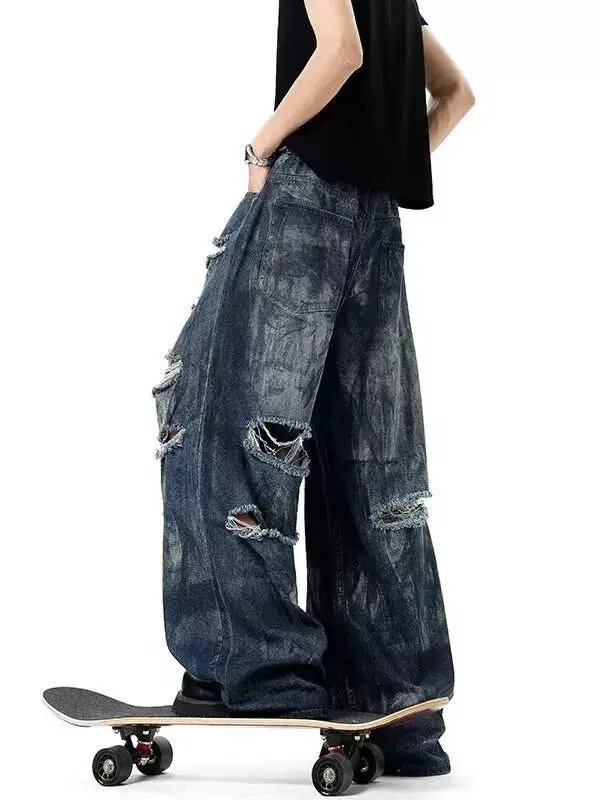 

Retro Hole Denim Jeans Men's Loose Wide Leg Long Pants Vintage Sle High Street Faion Men's Summer Casual Breathable Jeans