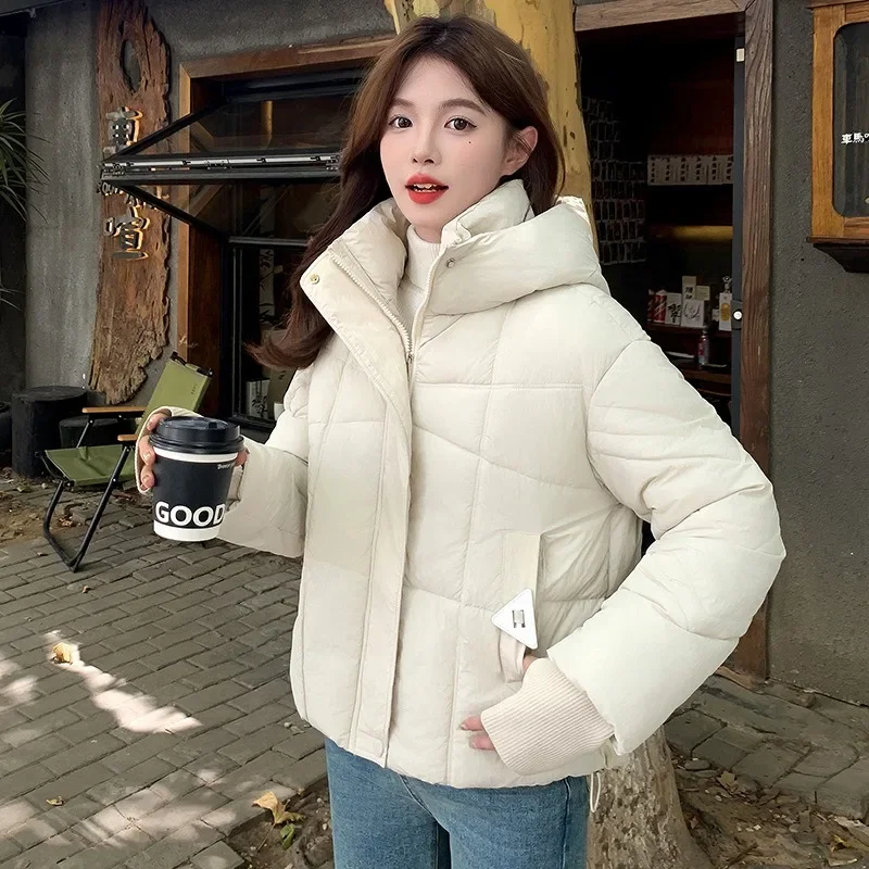 Fashion Hooded Short Loose Women Coat College Style Jacket Zip Buttons Double Placket Design Winter Extended Knitted Cuffs Parka