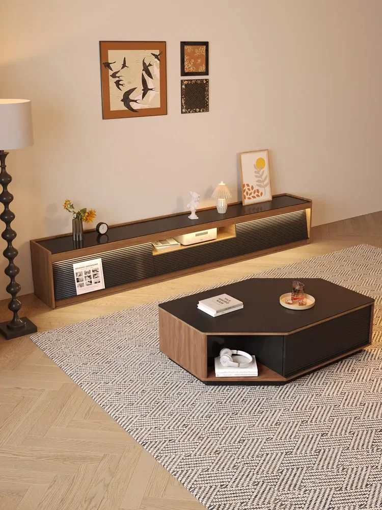 Medieval TV cabinet Floor-to-ceiling  Living room household walnut high-grade rock slab solid wood coffee table combination