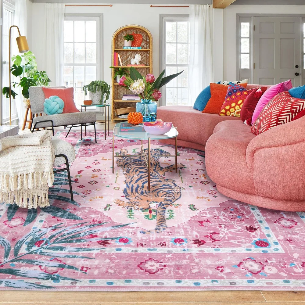 Large 10x12 Vintage Pink Leopard Area Rug Blush Washable Non Slip Carpet for Girls Nursery Dorm Playroom Home Decor