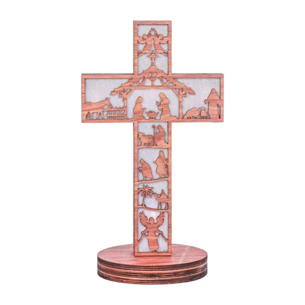 Handcrafted Handheld Prayer Ornament Vintage Night Light Desktop Cross Ornament with Base Wooden Decoration