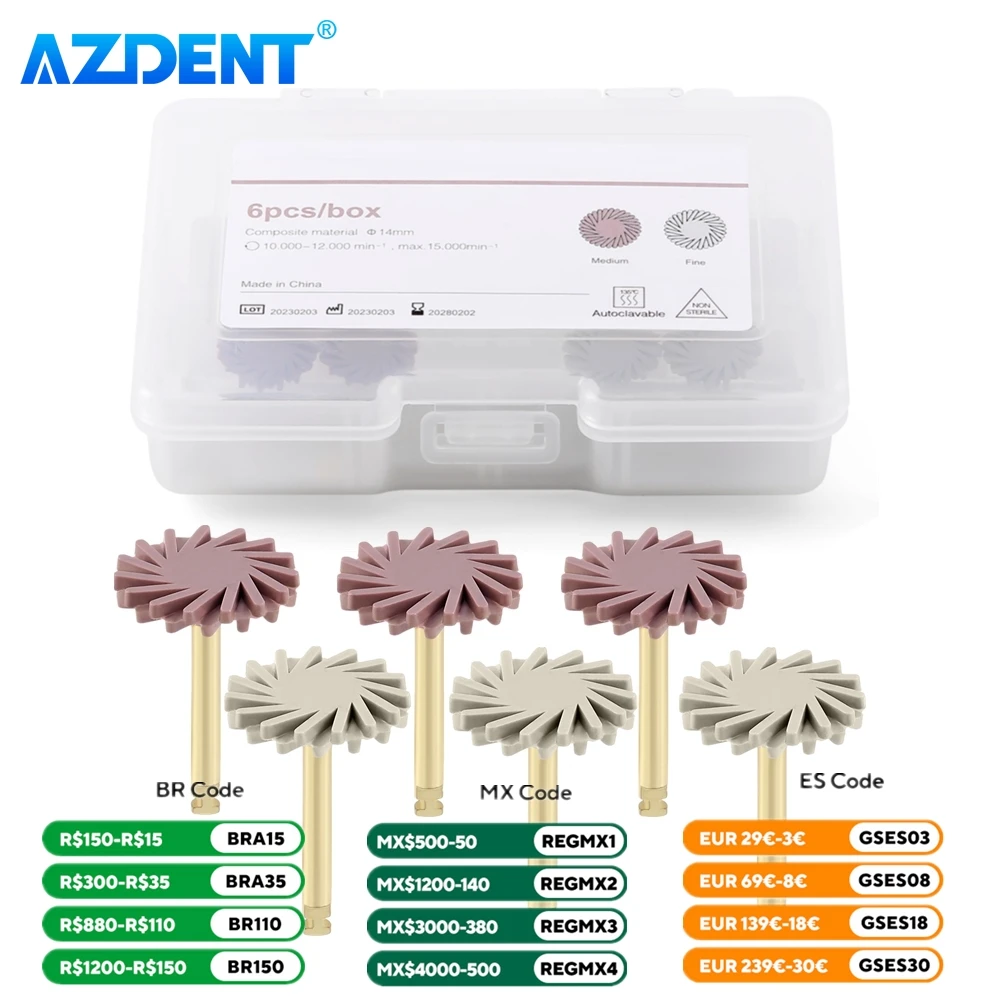 6PCS Dental Composite Resin Polishing Disc Wheel Kit AZDENT Rubber Polisher Brush Burs Silicone with Diamond 2 Step Polishing