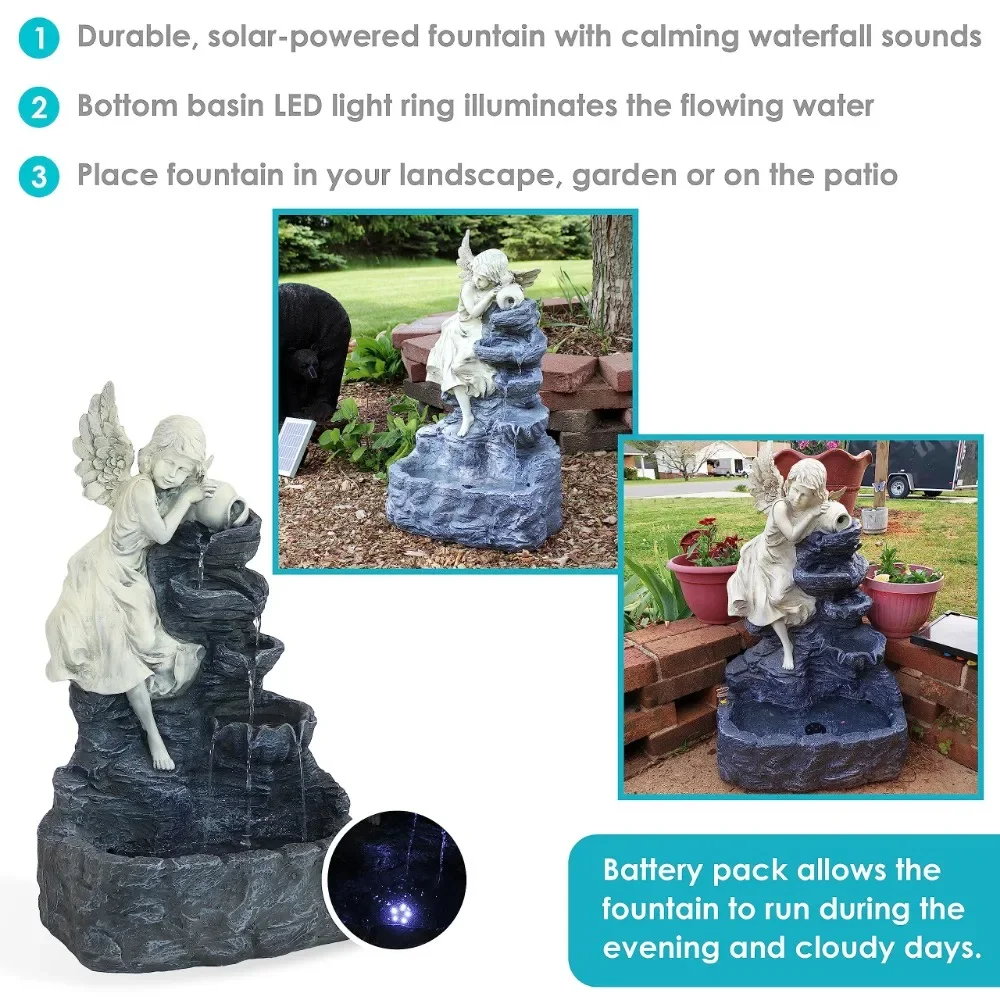 Angels Descend 29-Inch Solar Fountain with LED Light - Garden Fountains - Polyresin