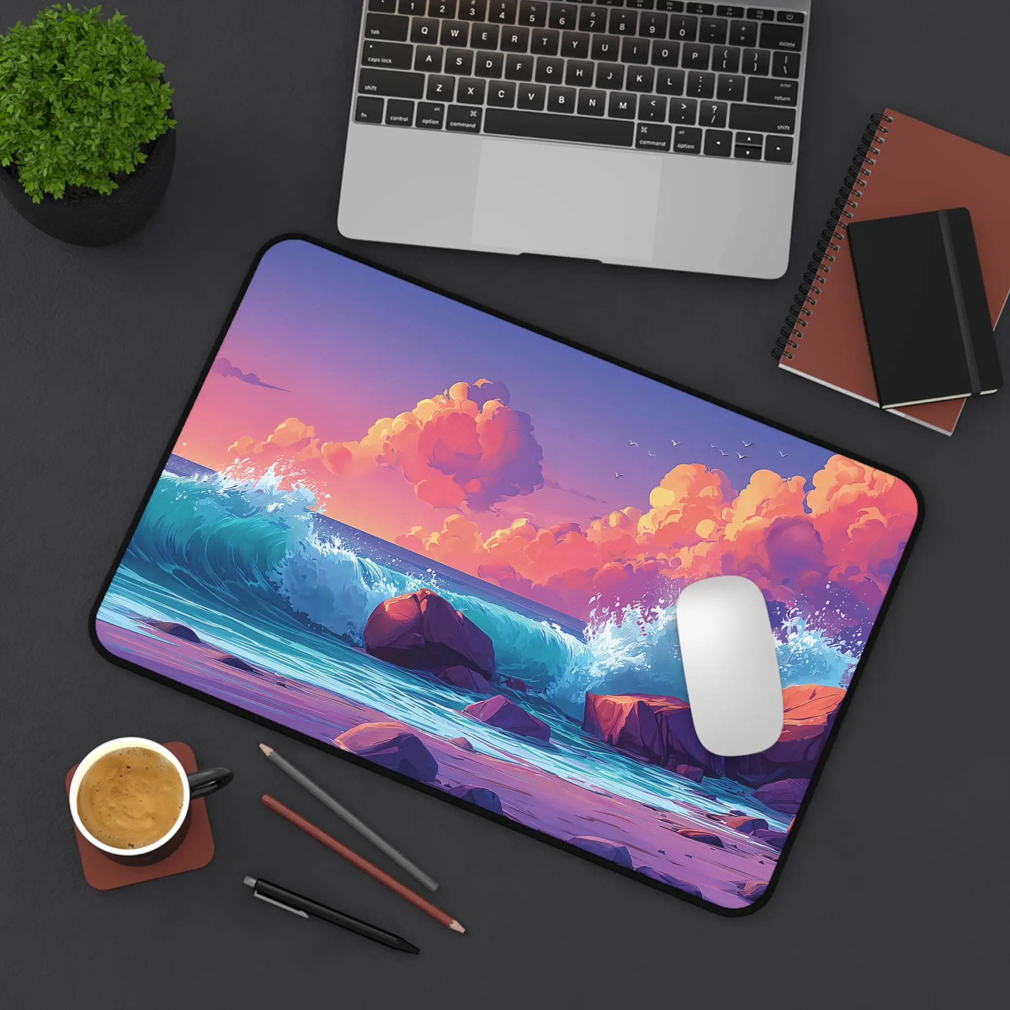 Ocean Sunset Deskmat, Pink Rock Beach Coastal Gaming Mats, Coastal Bay Mousepad, Non-slip Waterproof Mouse Pad Kawaii Desk Pad