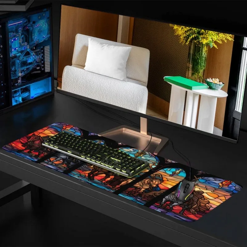 Stained Glass Knights Desk Mat MTG Playmat  TCG Gaming Mat Lorcana Gift for Gamer Colorful Fantasy Art Office Accessory