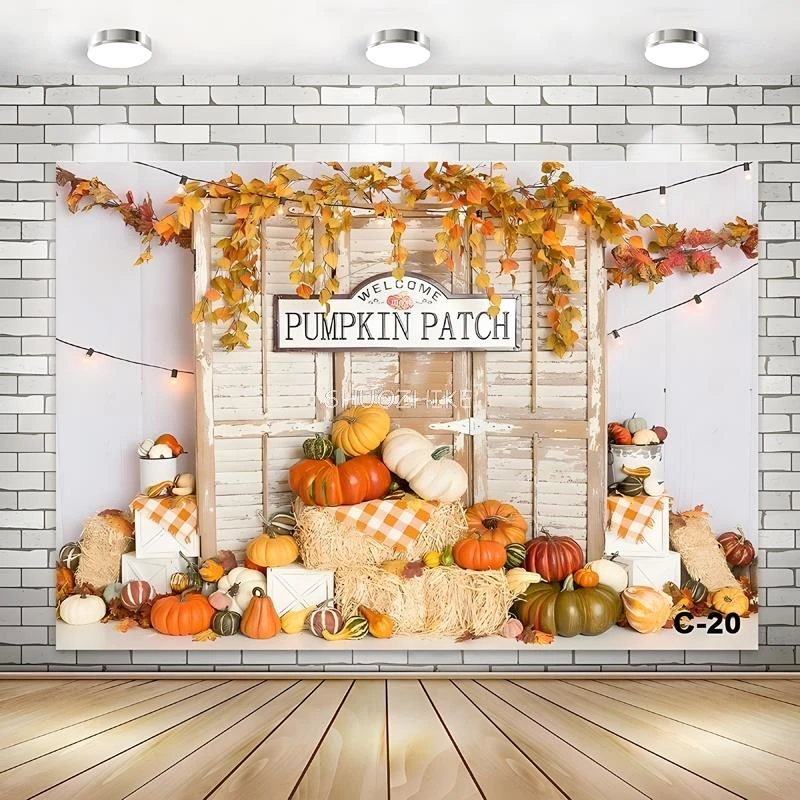 

Halloween Day Autumnal Pumpkins Photography Backdrops Props Maple Leaf Scarecrow Farm Harvest Thanksgiving Background RR-07