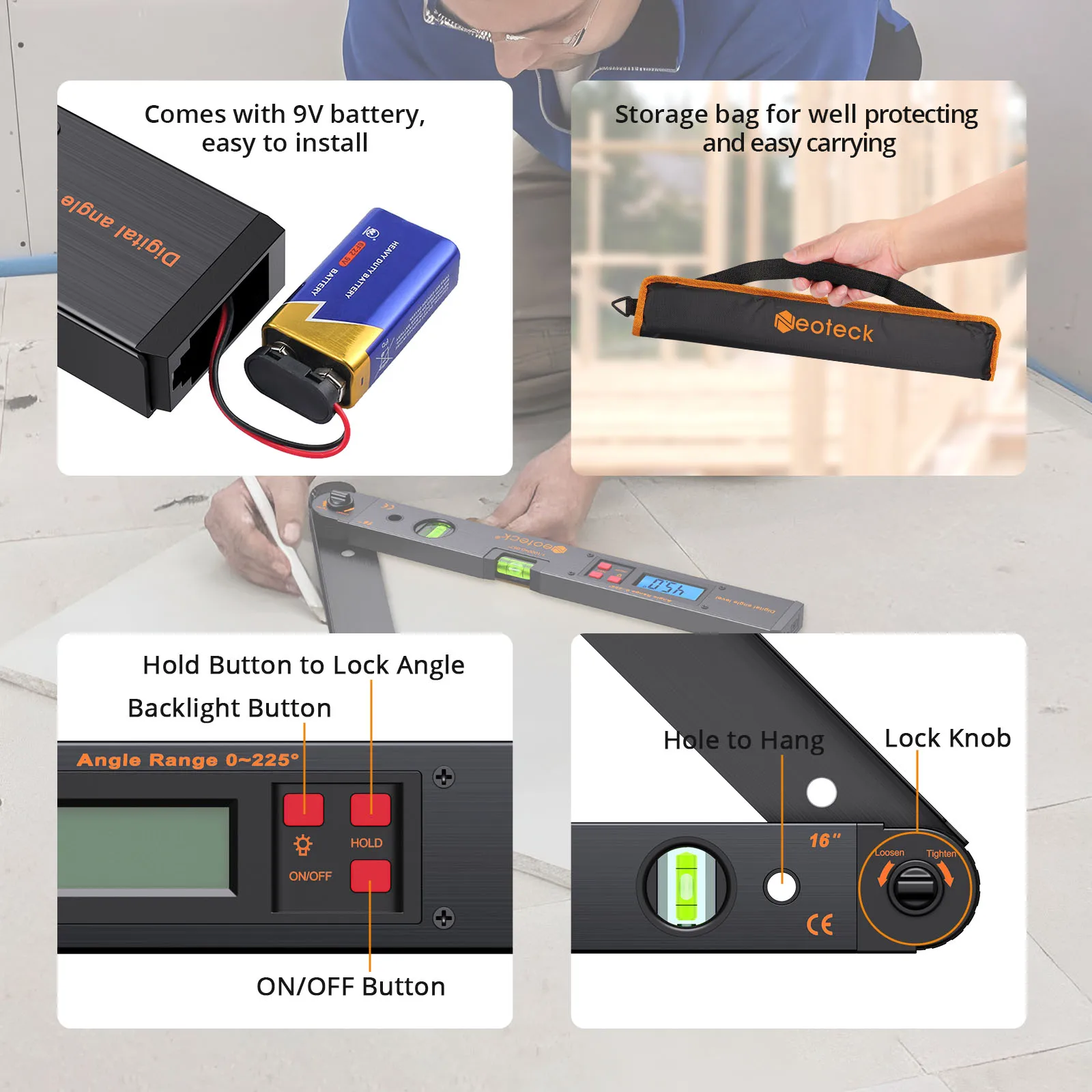 Neoteck 0~225° Digital Protractor Angle Finder Gauge Meter Electronic Goniometer Horizontal Vertical Angle Level Test Ruler