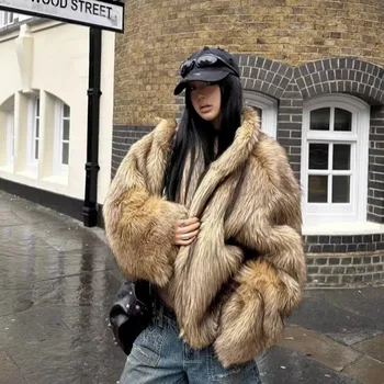 Retro Yaka Fermuar Taklit Kürk Ceket Kadın Rahat Gevşek Kalınlaşmak Katı Doğal Taklit Kürk Palto Kadın Kış Sıcak Şık Dış Giyim