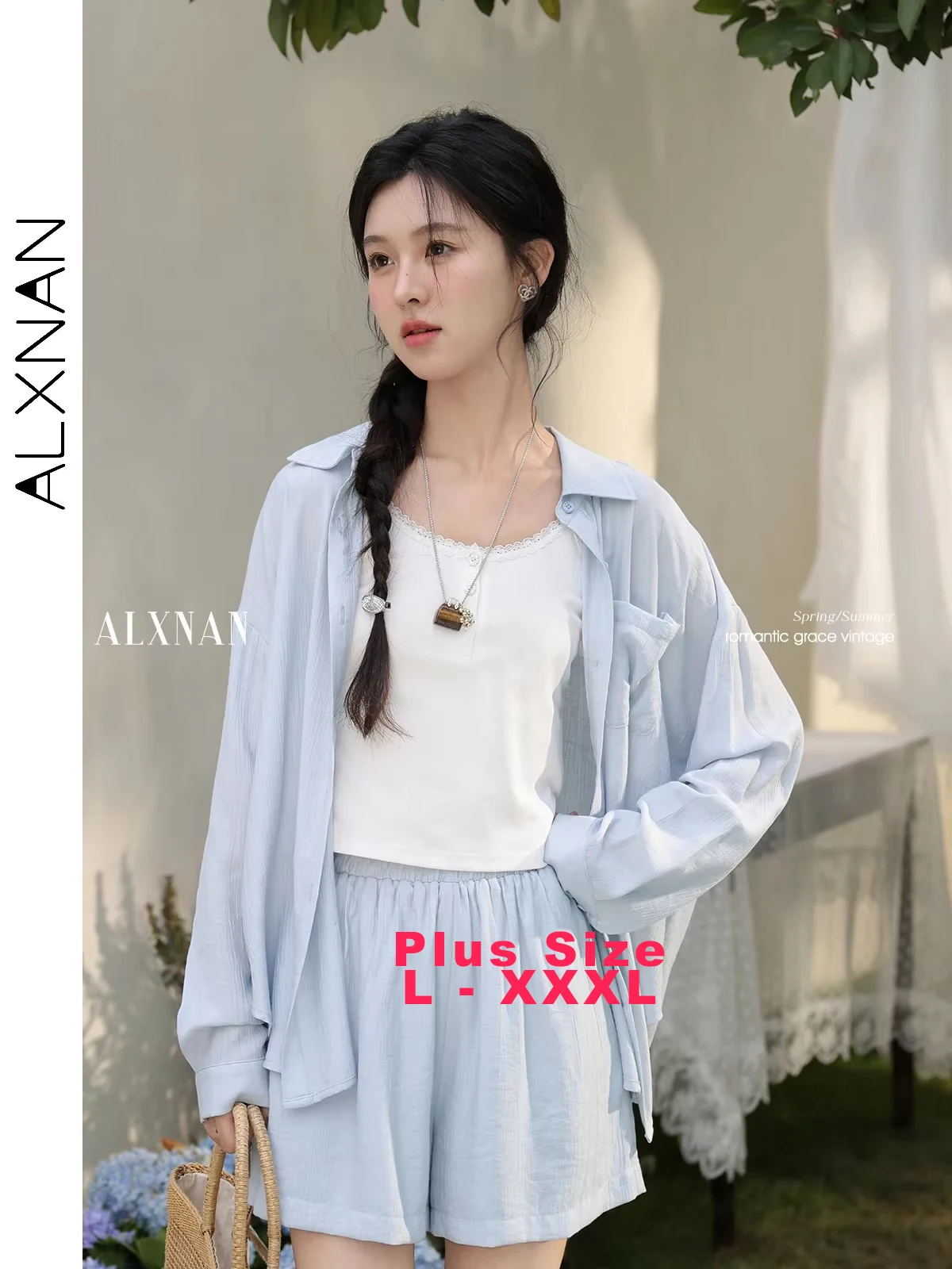 

ALXNAN Plus Size Women's Blue Shirt 2025 Summer Long Sleeve Blouses Back Cutout Bow Design Elegant Casual Tops Ladies D10171CS
