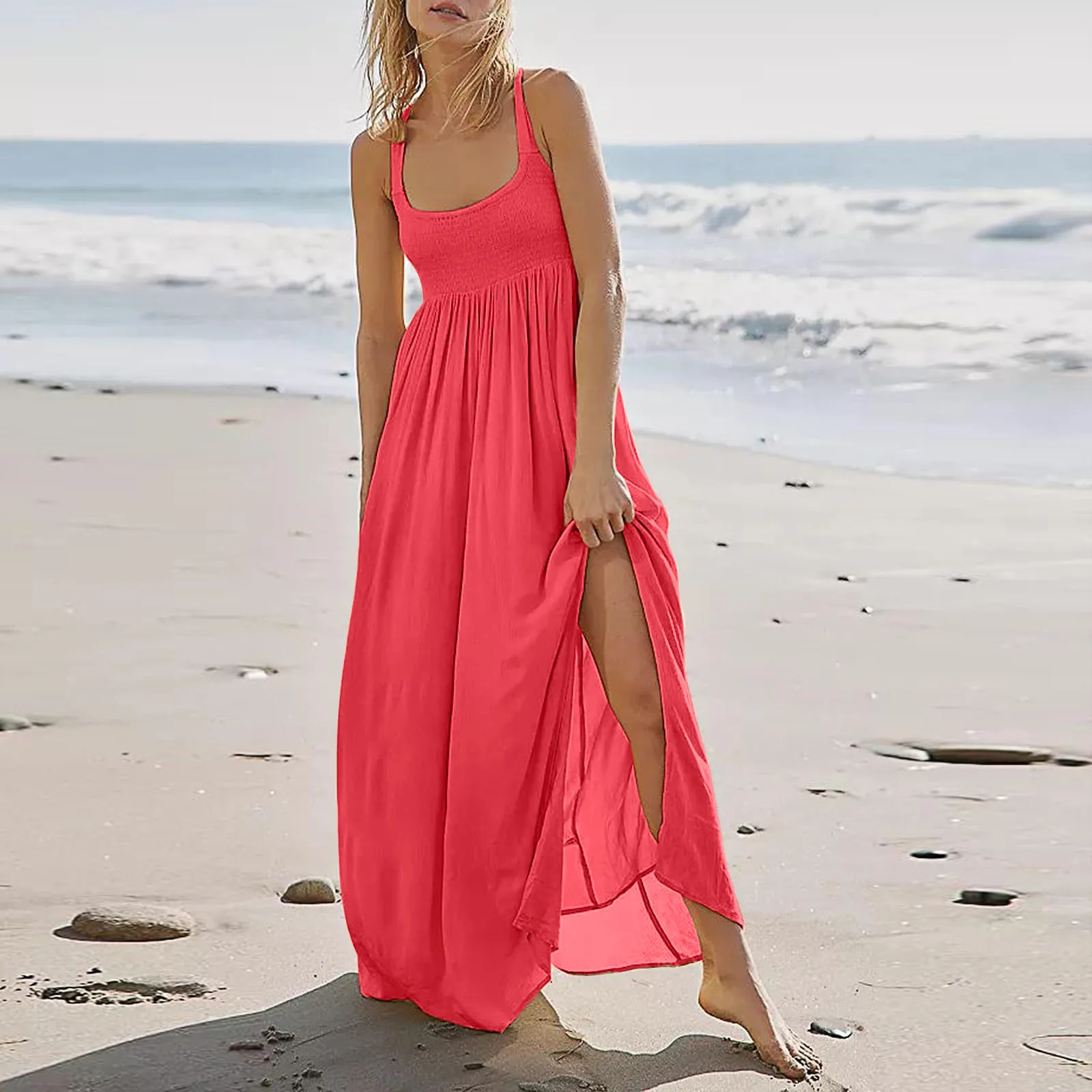 Vestidos colgantes de gasa con cintura delgada para mujer, vestido de gasa holgado con abertura lateral, vestidos semiformales flojos para playa, Verano