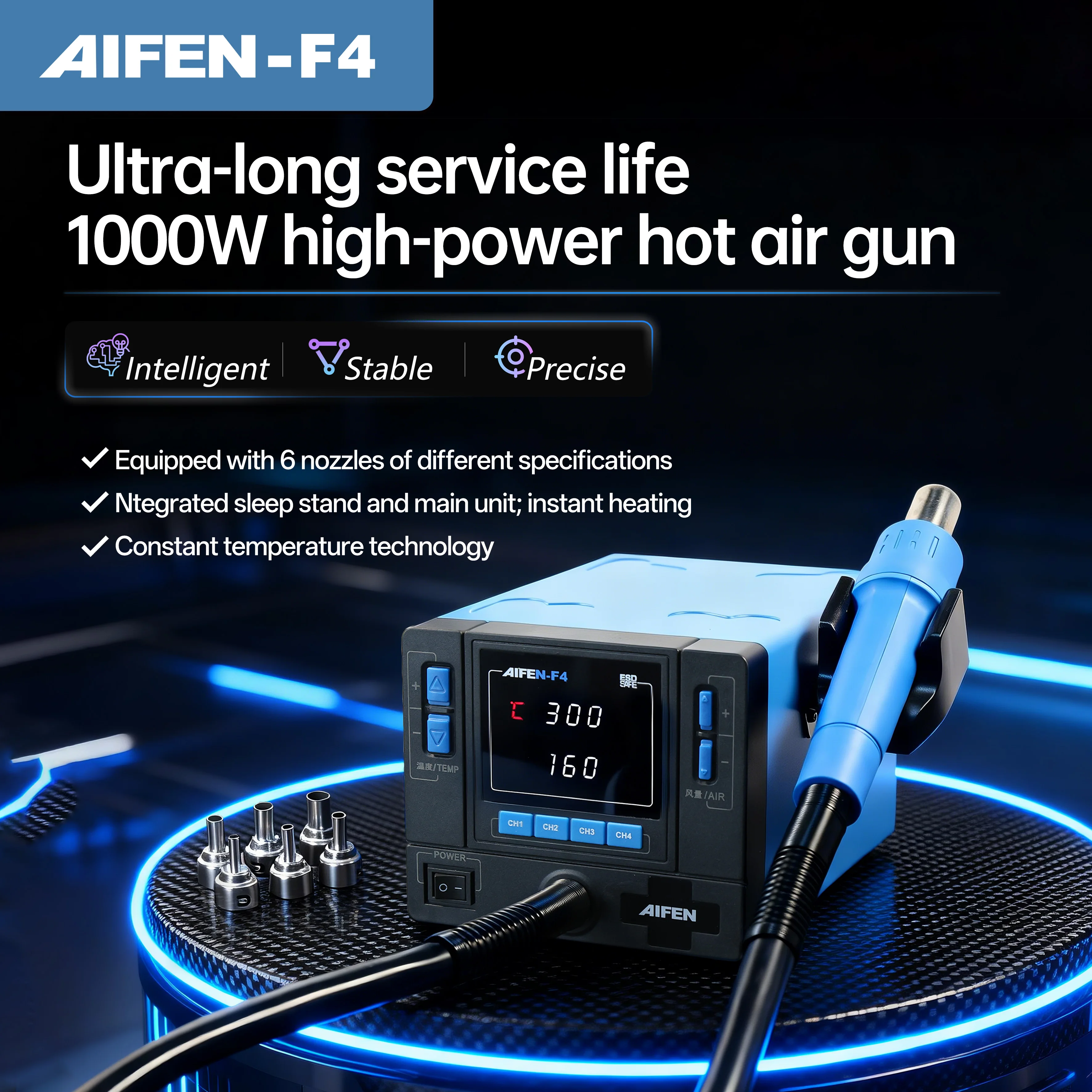 AIFEN F4 1000W Hot Air Rework Station Microcomputer Digital Display BGA Rework Station Curved Nozzle Welding Repair Tool