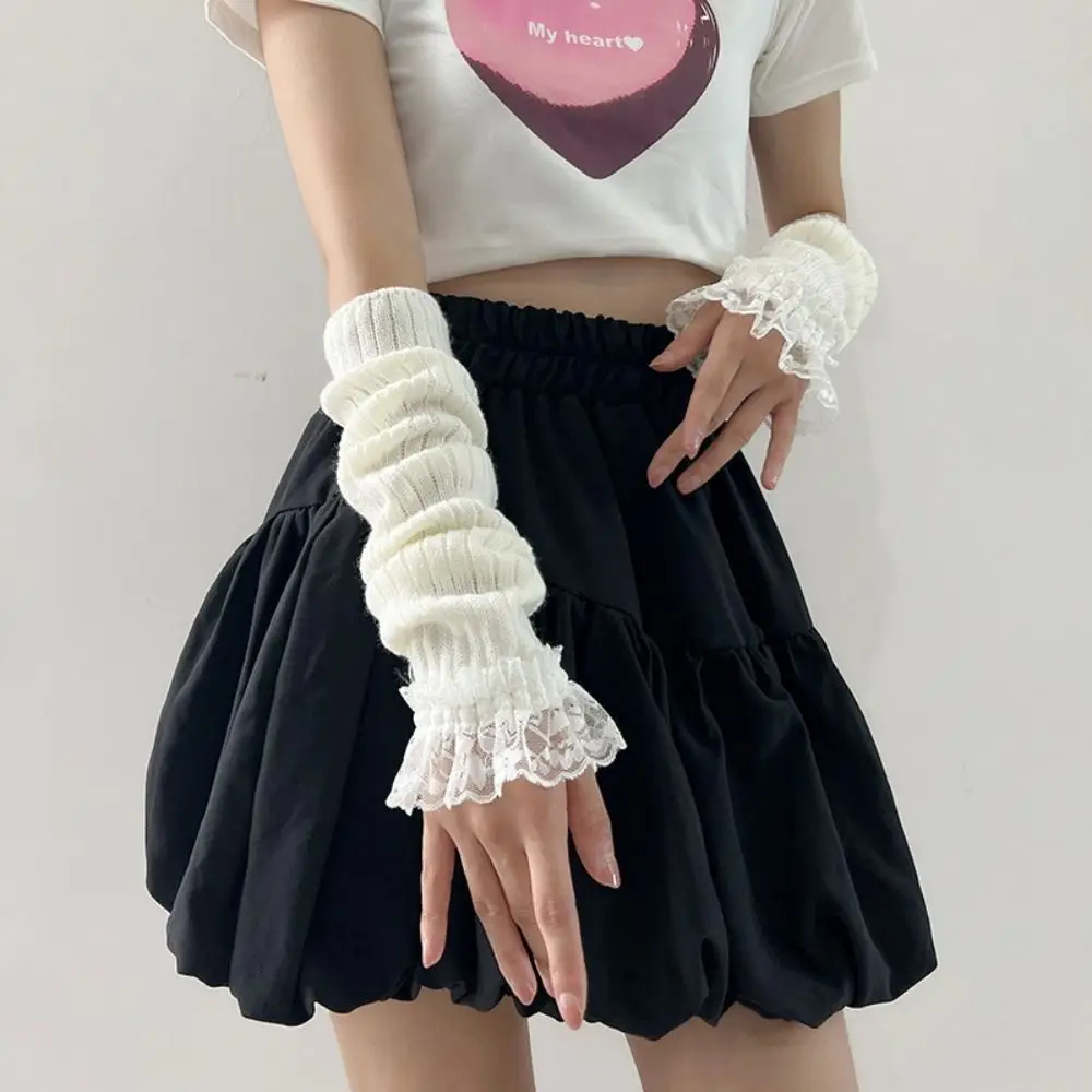 Fingerless Long Wrist Gloves Arm Warmers Black White Knitted Gloves Finger Sleeves Cover False Sleeves Elbow Mittens