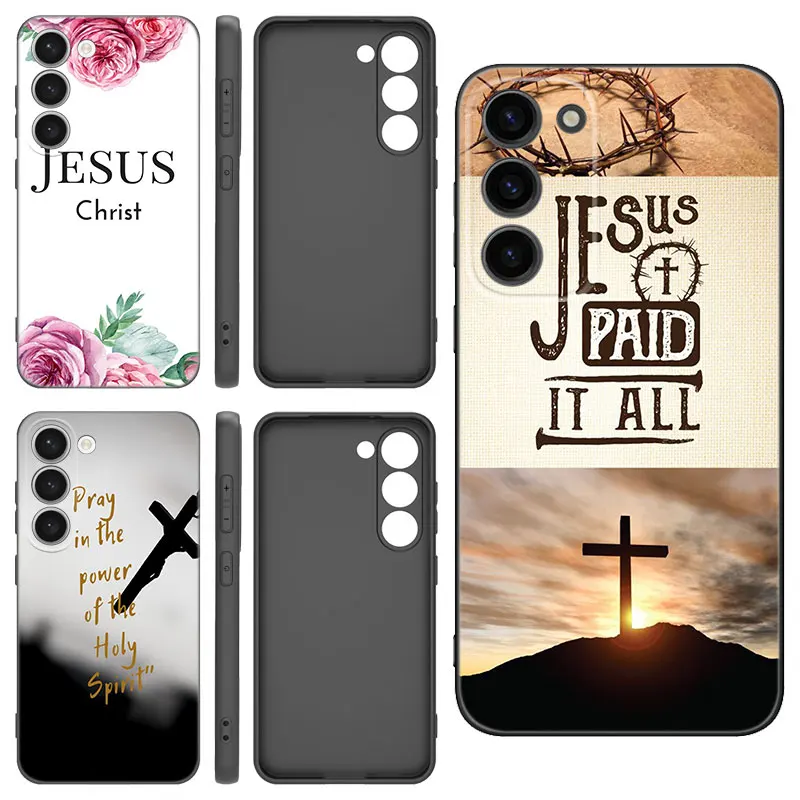 Cross Christian Bible Quotes Black Silicone Phone Case For Samsung Galaxy S20 S21 S23 S24 FE S22 Ultra S8 S9 S10 Plus