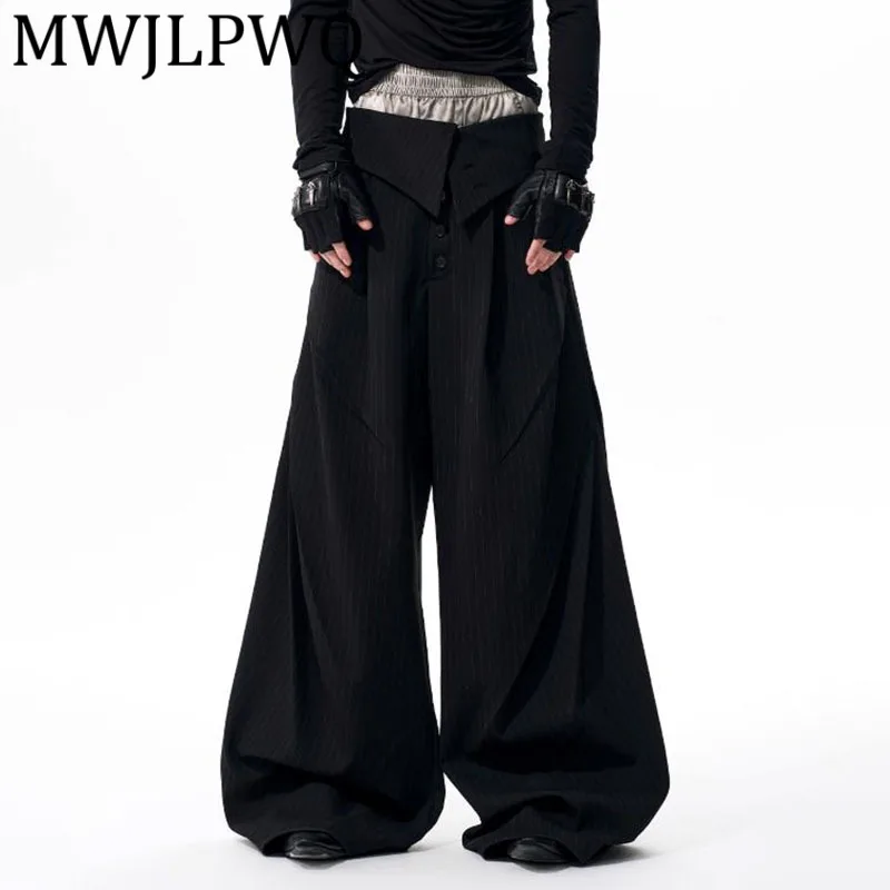 

MWJLPWQ Foldable Waistband Vertical Striped Men's Trousers Single-Breasted Button Placket Oversized Wide-Leg Casual Pants 12120