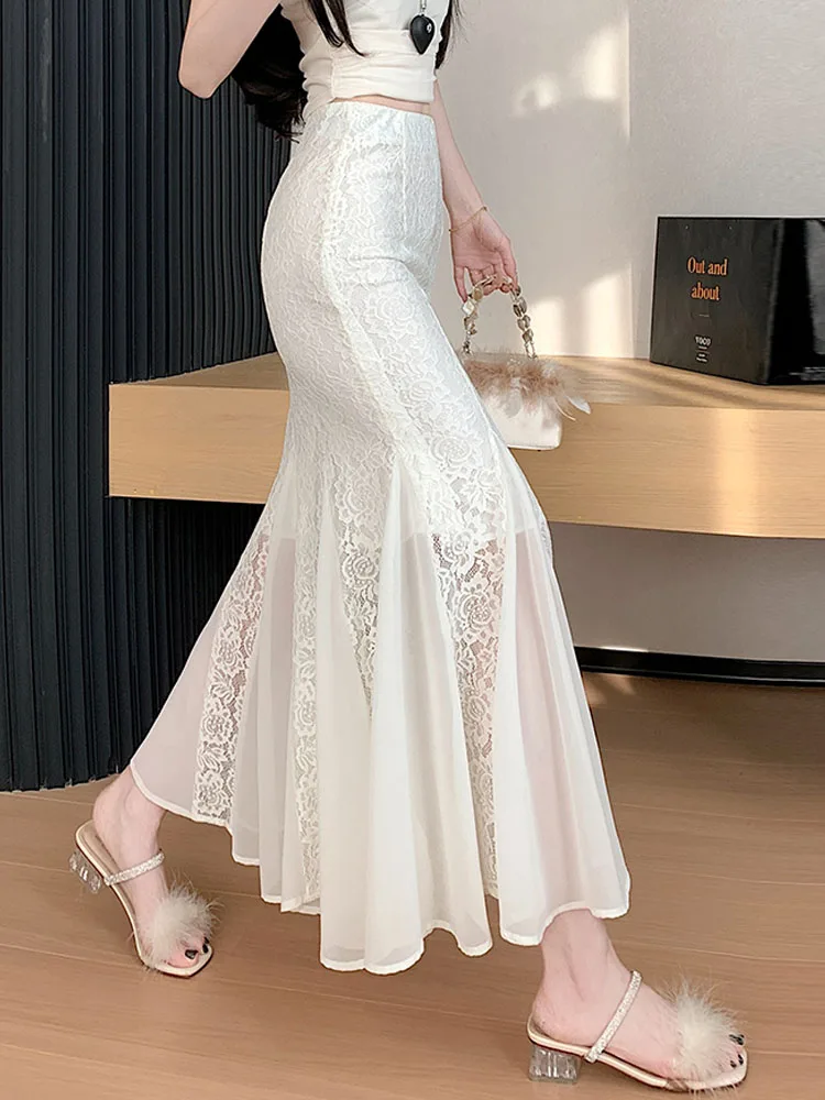 

Elegant Lace Mermaid Skirt Summer Sexy Half-length Embroidered Tulle Patchwork Skirts High-waisted A-line Polyester Fiber
