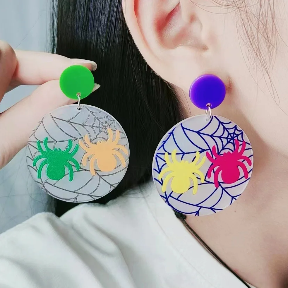 Halloween Round Spider web Printed Earrings Fashion Personalized Colored Acrylic Printed Wafer Halloween Earrings For Women