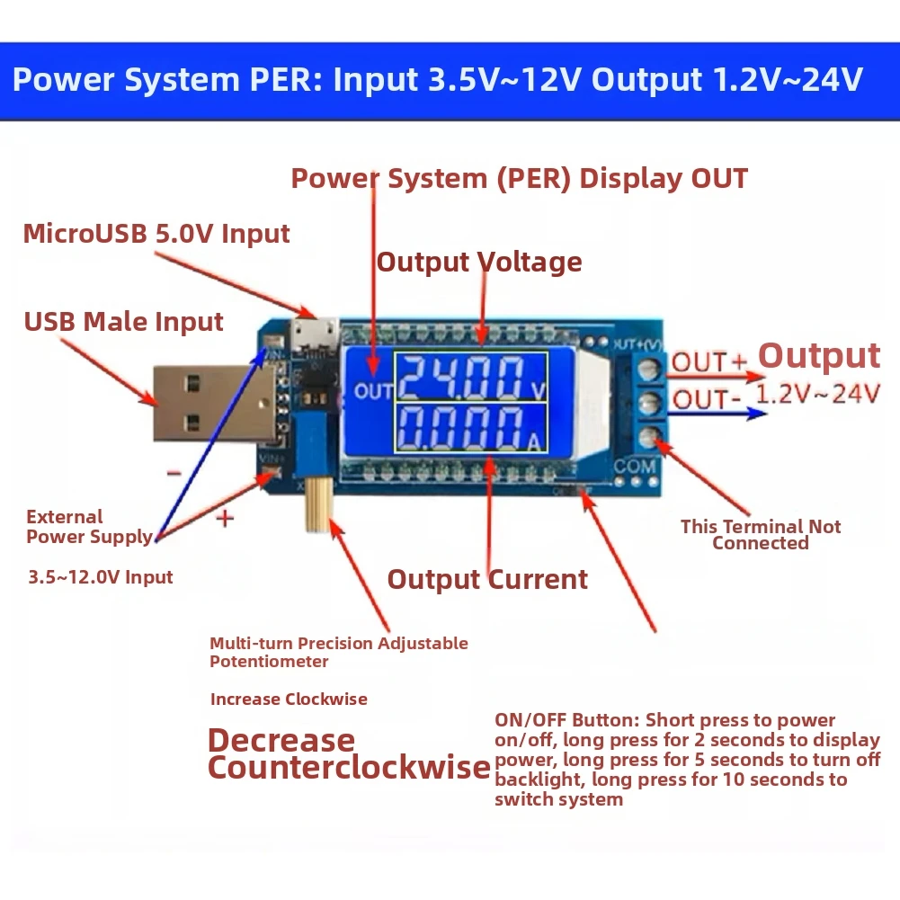

Adjustable Step Up Down Power Module USB Input 1.2V 3.3V 5V 9V 12V 24V Output Lightweight 24g for Portable Use