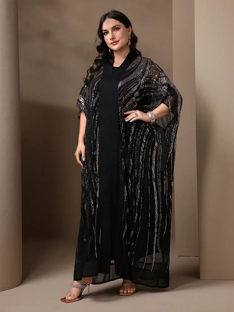 

Morocco Kaftan Women Muslim Sets Black Abaya Dubai Kimono Cardigan Sequins Evening Party Dress Eid Kebaya Caftan Femme Robe Suit