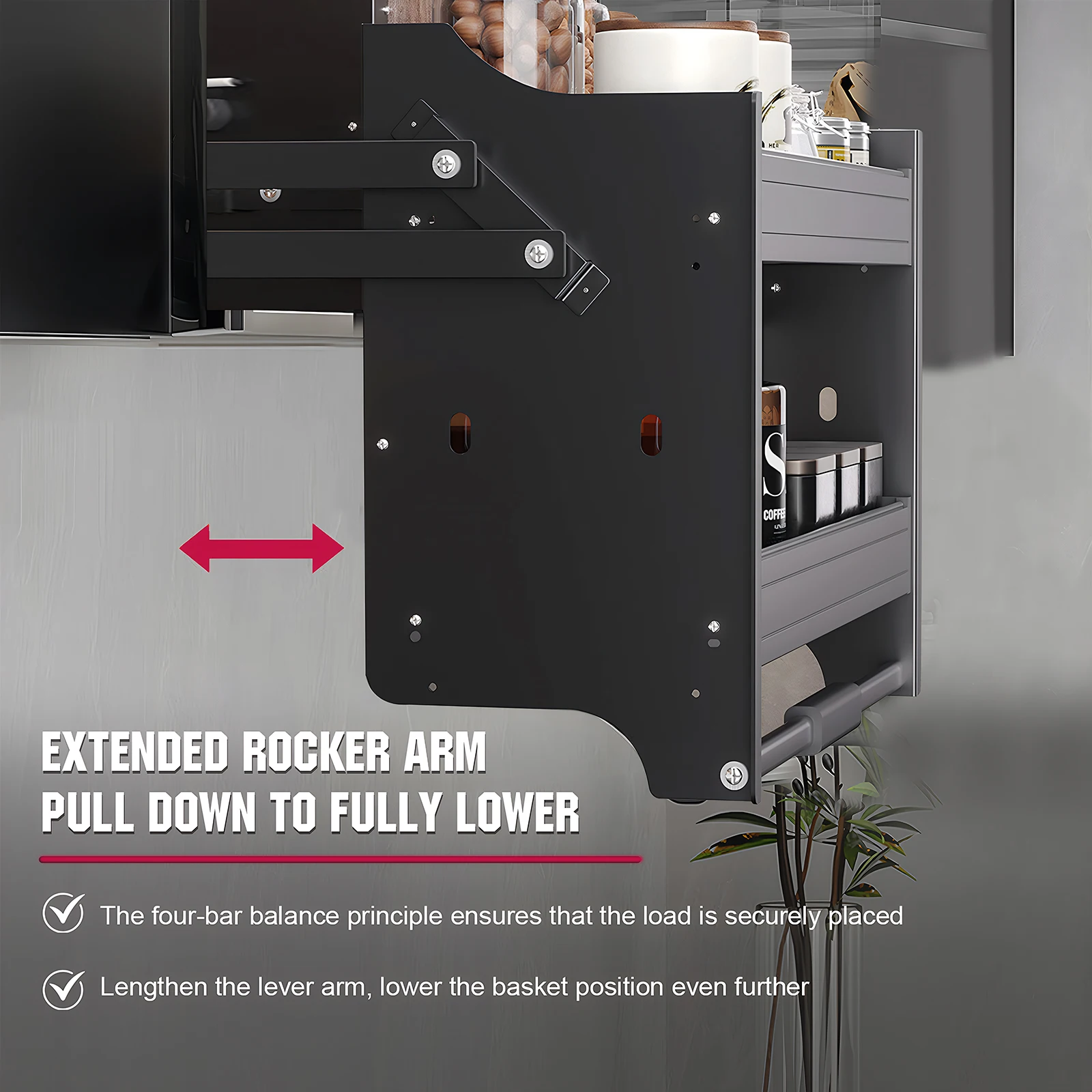 

Двухуровневая полка-органайзер для специй с пневматической системой демпфирования, экономящая пространство, подъемная корзина с регулируемыми опорами для специй, посуды и бутылок