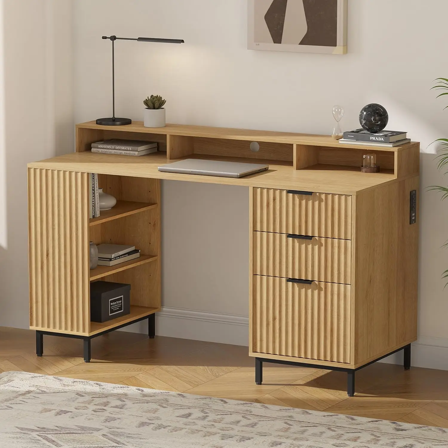 

Fluted Executive Desk Charging Station 55in Wood Office Table Monitor Stand File Drawer Home Study Work Oak,Customized