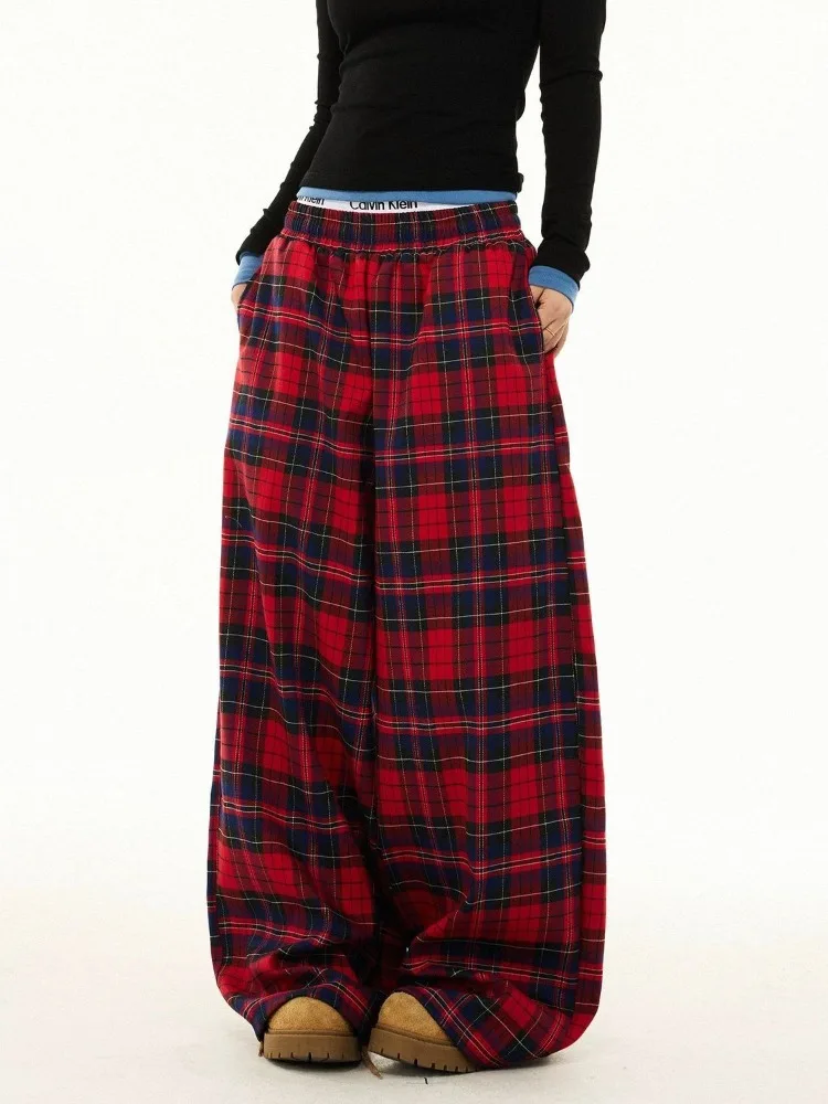 Women's Retro Red Checkered Casual Sweatpants Sweet Girl Wide-leg Hip Hop Trousers Summer Bottoms Female High Waisted Pants