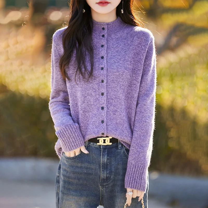 

2025 New Women's Semi High Neck Sweater Cardigan Autumn And Winter Knitted Top Long Sleeved Fashionable Casual Button Warm Jacke