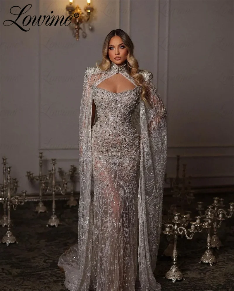 ﻿ Dubai Design Long Ivory Wedding Party Dresses Crystals Pearl Mermaid Two Pieces Cape Sleeves Arabic Aso Ebi Evening Gowns Prom