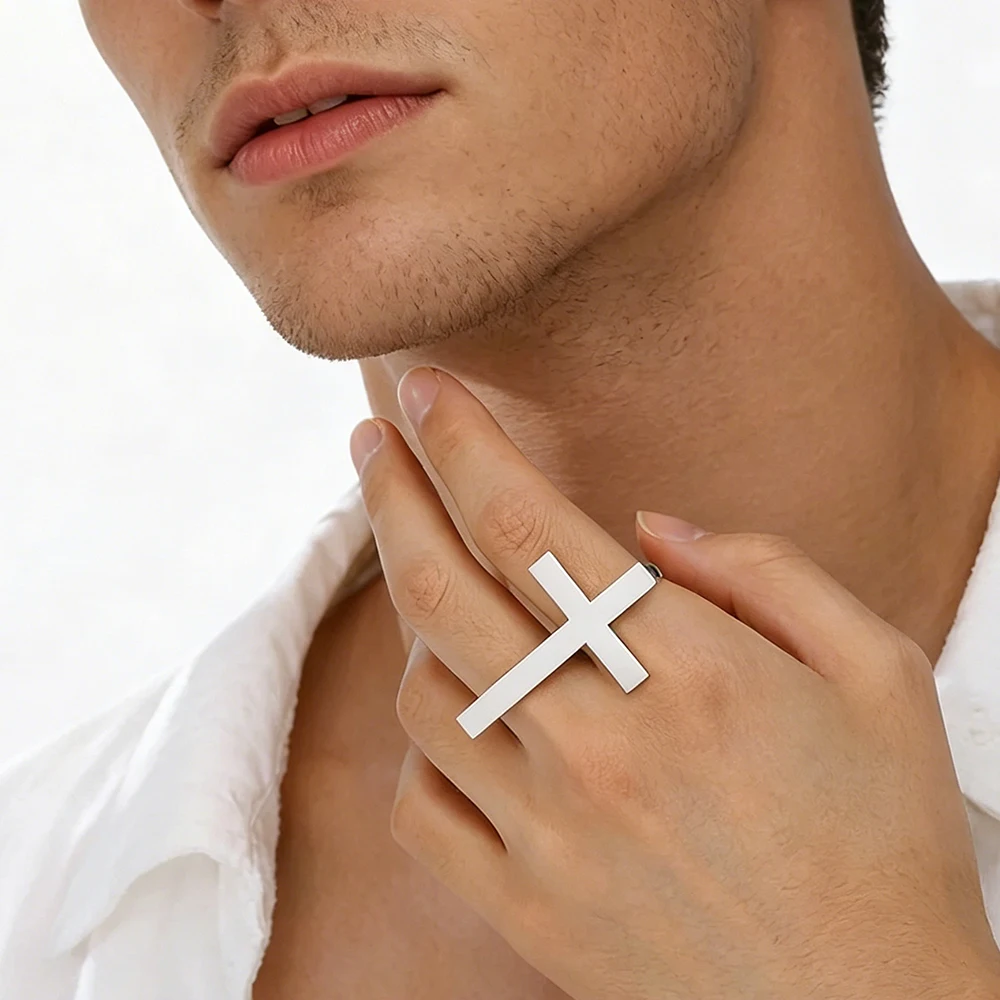 A Stainless Steel Christian Cross Ring for 2 Fingers Men Women Couples Devout Gift