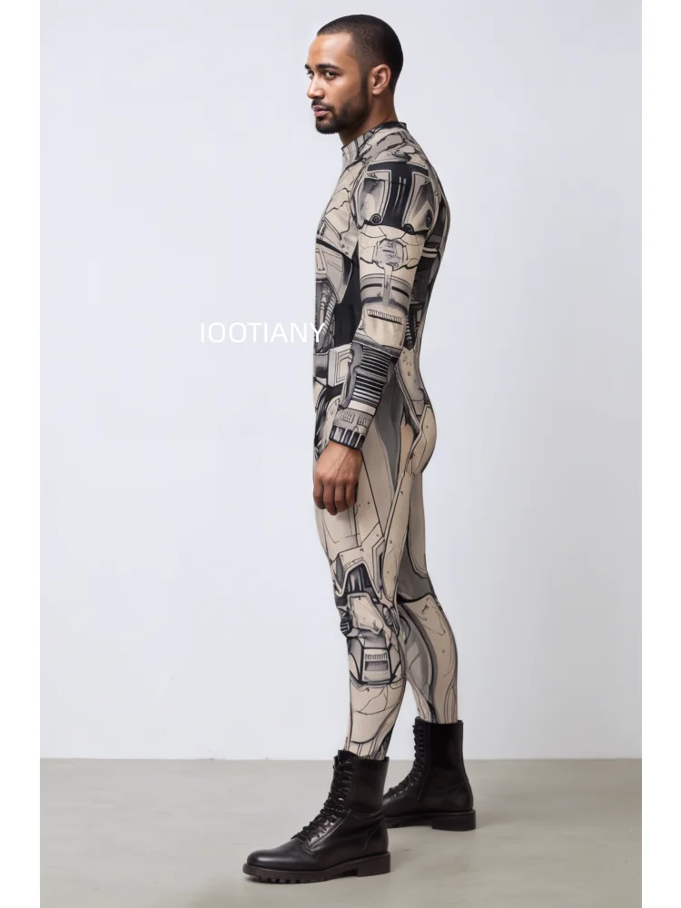 Herren Roboter-Skelett Mechanische Rüstung Bodysuit Hochhals Enger Jumpsuit Halloween Cosplay Futuristisches Party Bühnenkostüm Outfit – Detail 5