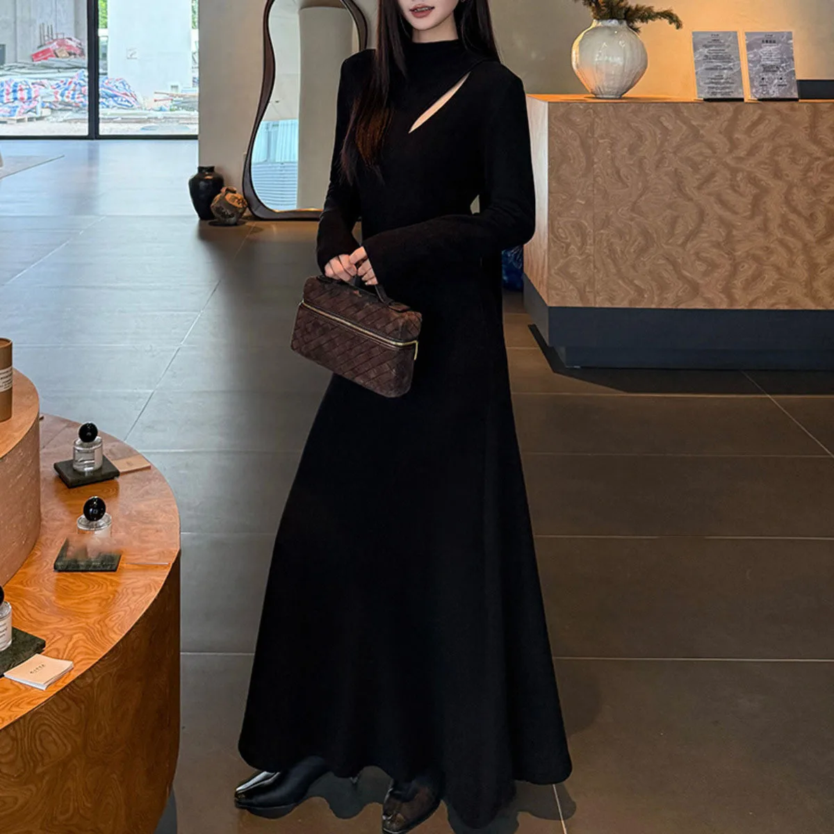 KWTX 2025 nuevo vestido de fiesta elegante Vintage de manga larga Maxi cuello redondo doble botonadura corte Casual sólido Otoño Invierno