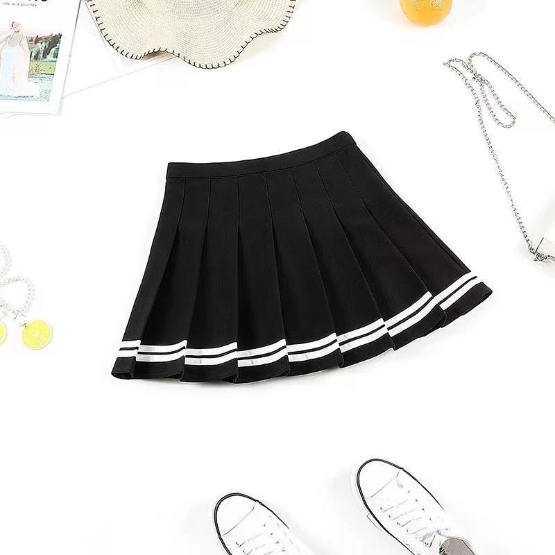Damen Hochgeschnittener Plissierter Minirock A-Linie Gestreifter Saum Preppy-Stil Sommer Tennis JK Uniform – Detail 2