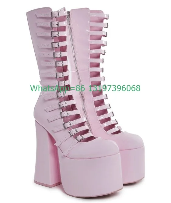 Lady Cut-Out Pink Elegant Chunky Heel Knee Boots Y2K Style Hollow Design Buckle Strap Boots Footwear Size 46 Runway New Arrive