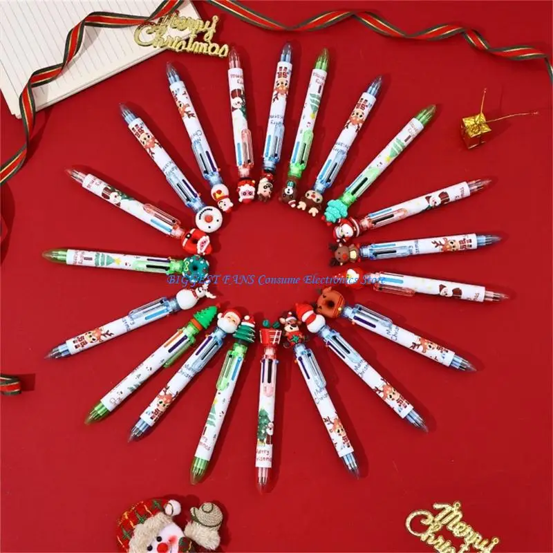

10Pcs Christmas Multicolored Pen 6 Color-in-1 Writing Pens for Journaling Retractable Ballpoint Pen for School Office