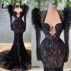 Robes De Soirée Feathers Black Evening Dresses Party Dresses For Women 2023 Mermaid Long Round Train Formal Occasion Dresses