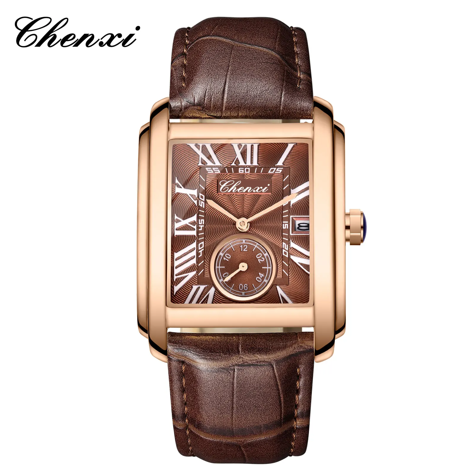 Chenxi 8216 Top-Marke Rechteckige Sportuhr für Herren Bestseller Militär-Kalender Wasserdichte Echtleder-Quarzuhr Elegante Armbanduhr